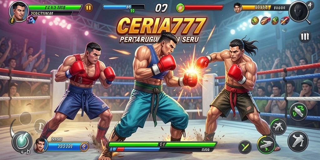 Screenshot gameplay CERIA777 menampilkan pertarungan mendebarkan dengan karakter yang dinamis.