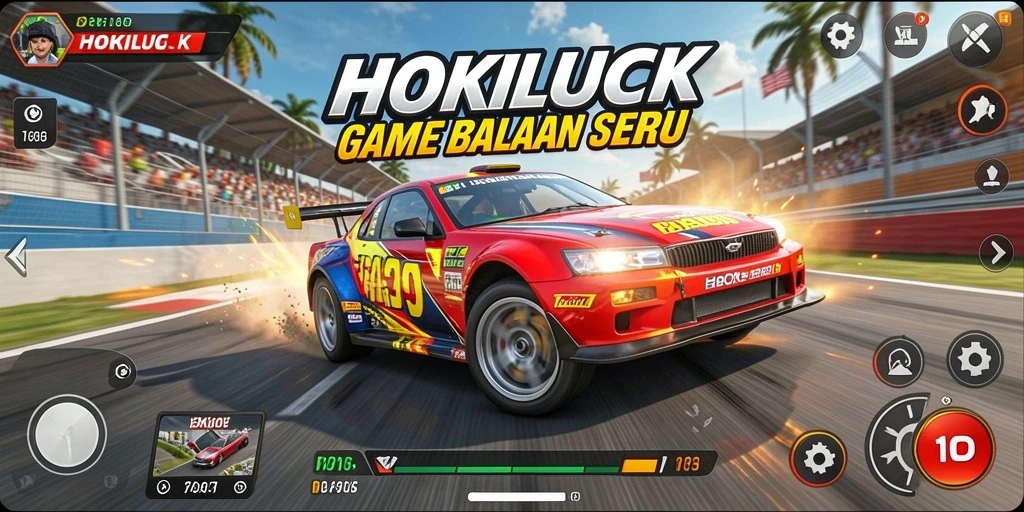 Screenshot utama HOKILUCK menampilkan aksi balapan yang mendebarkan dan mobil kustom.