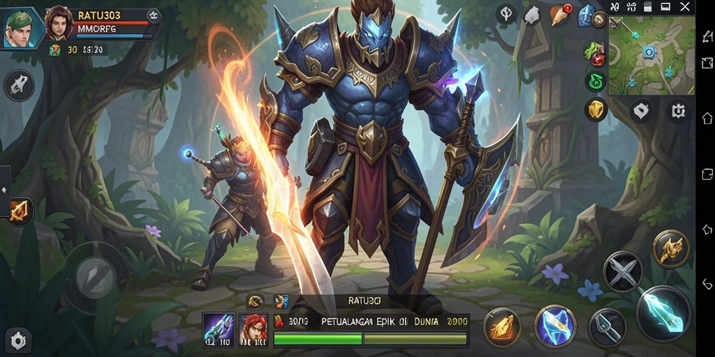 Tampilan gameplay epik dalam RATU303 dengan karakter dan monster yang fantastis.