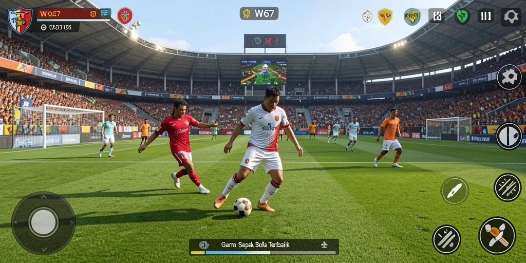 Tampilan gameplay W67 dengan aksi sepak bola yang mendebarkan.