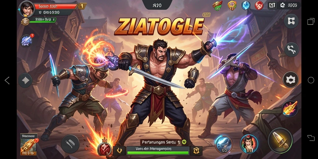 Tampilan ZIATOGEL dengan aksi pertarungan yang seru.