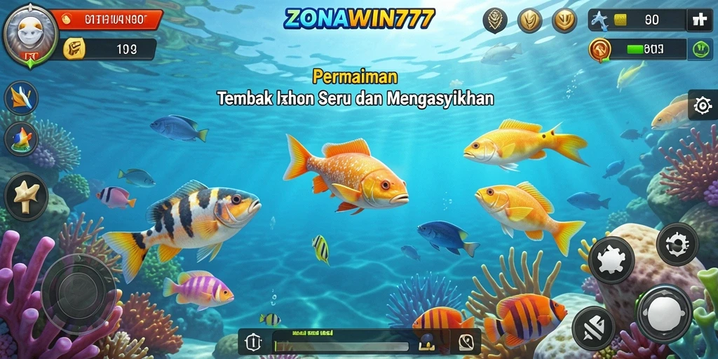 Gameplay ZONAWIN777 menampilkan aksi seru menembak ikan berwarna-warni.